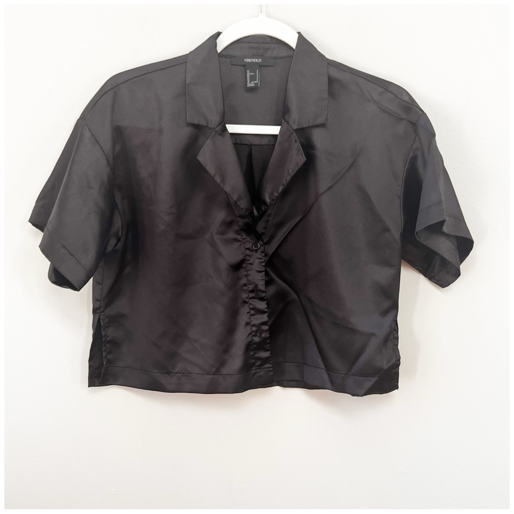 Forever 21 Black Crop Satin Top Small